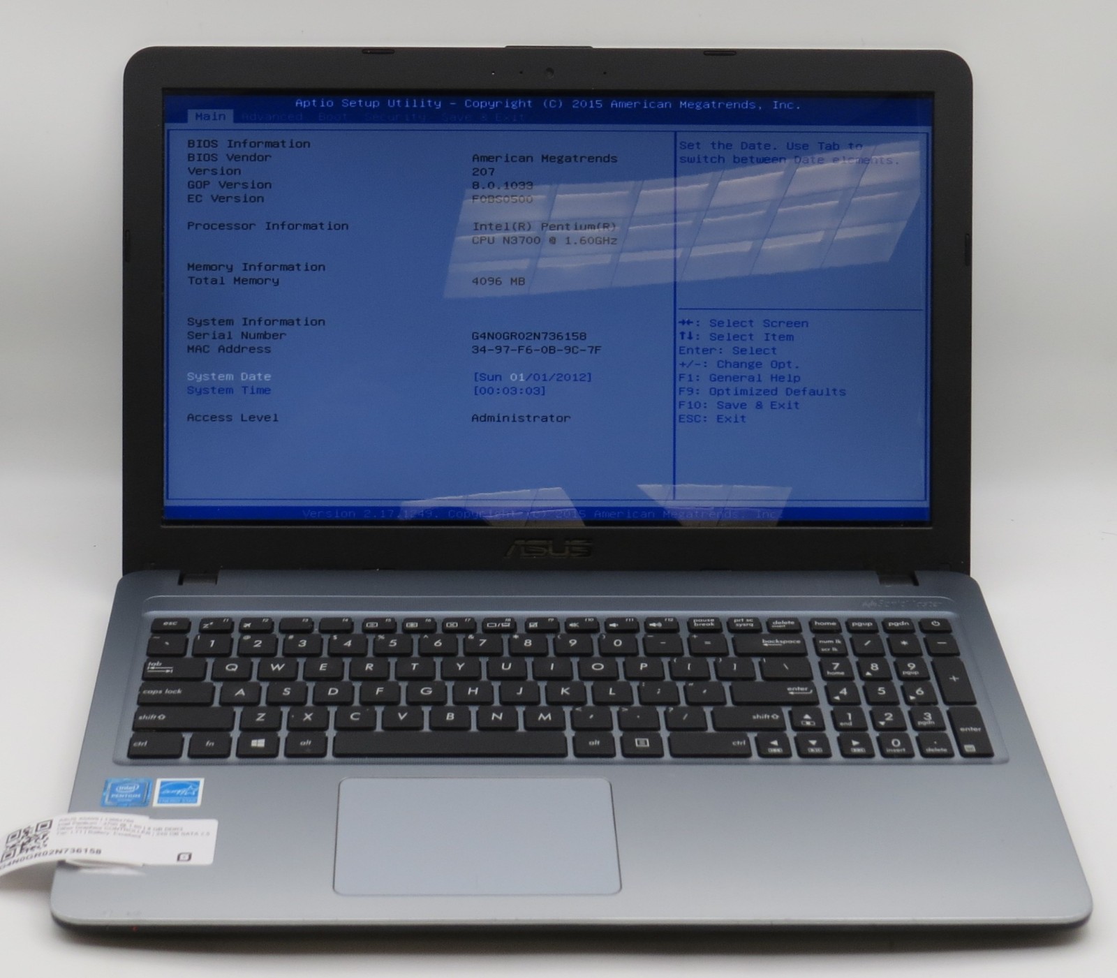 ASUS X540 Pentium 3700 @ 1.6GHz 4GB DDR3 240GB 2.5″ SATA SSD No OS/AC