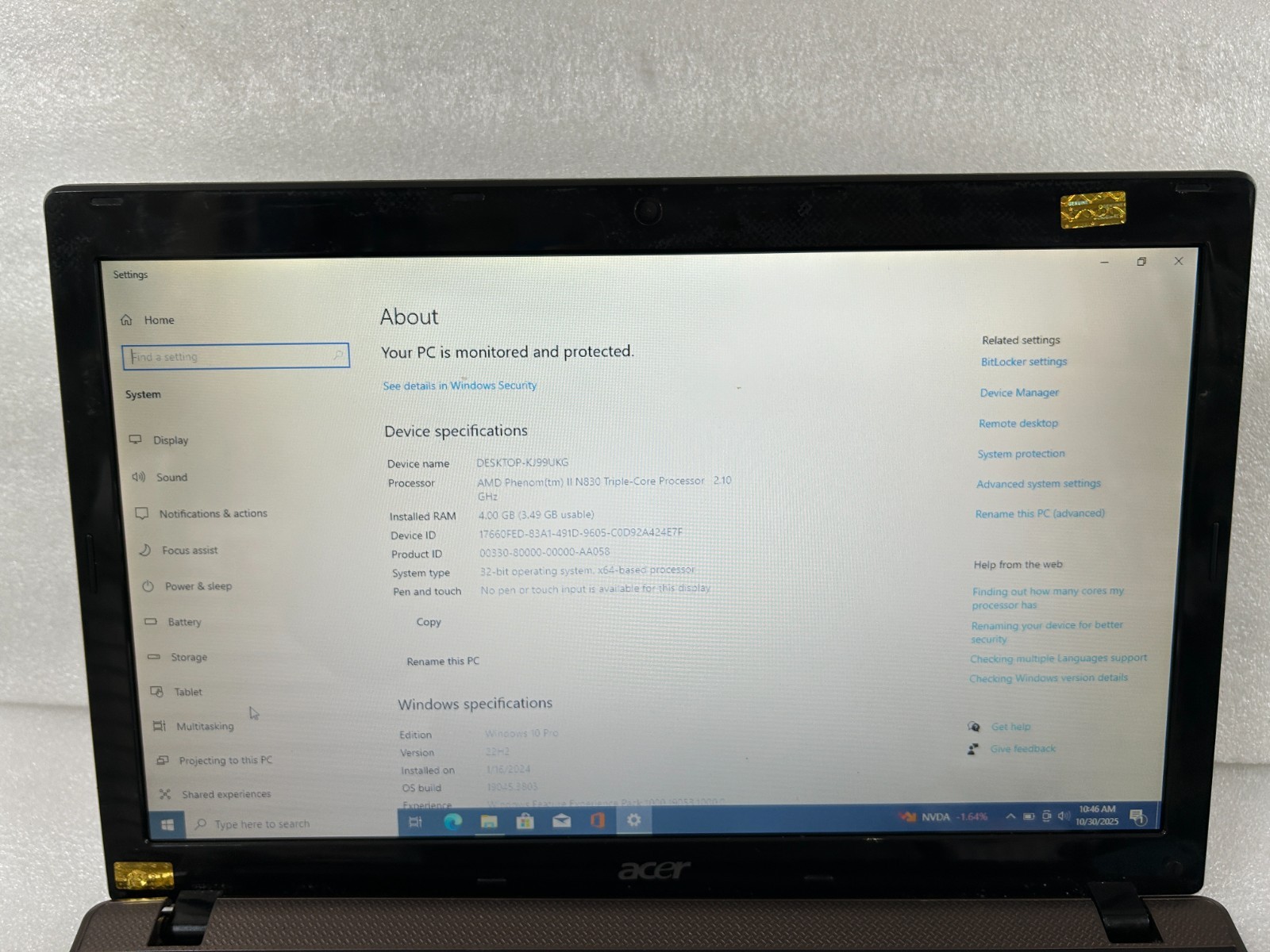Genuine used Acer Aspire 5552-5498 Laptop Complete SCREEN ASSEMBLY Tested