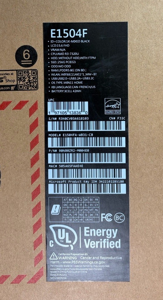ASUS Vivobook E1504F BLACK [ 15.6 FHD + 8GB RAM + 256GB SSD + Win 11 Home ] NEW