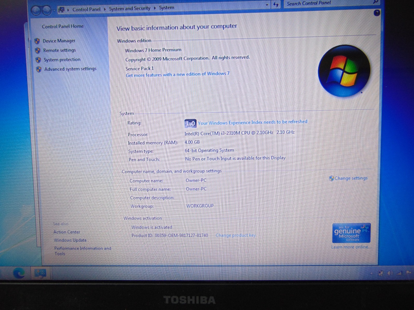 Toshiba Satellite R845-S80 Laptop i3-2310M 2.10GHZ 14″ 4GB 750GB DVD Windows 7