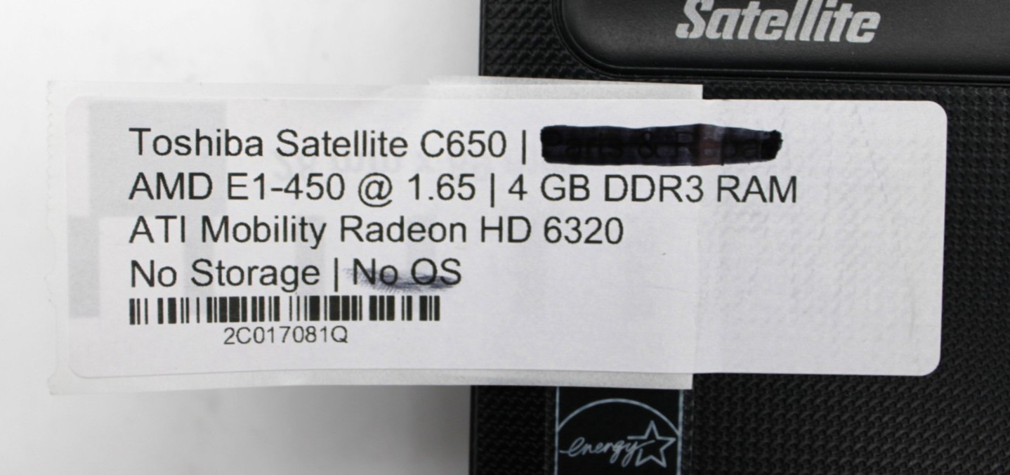 Toshiba Satellite C650 AMD E1-450@1.6GHz 4GB DDR3 NO STORAGE OR OS *USED/TESTED*