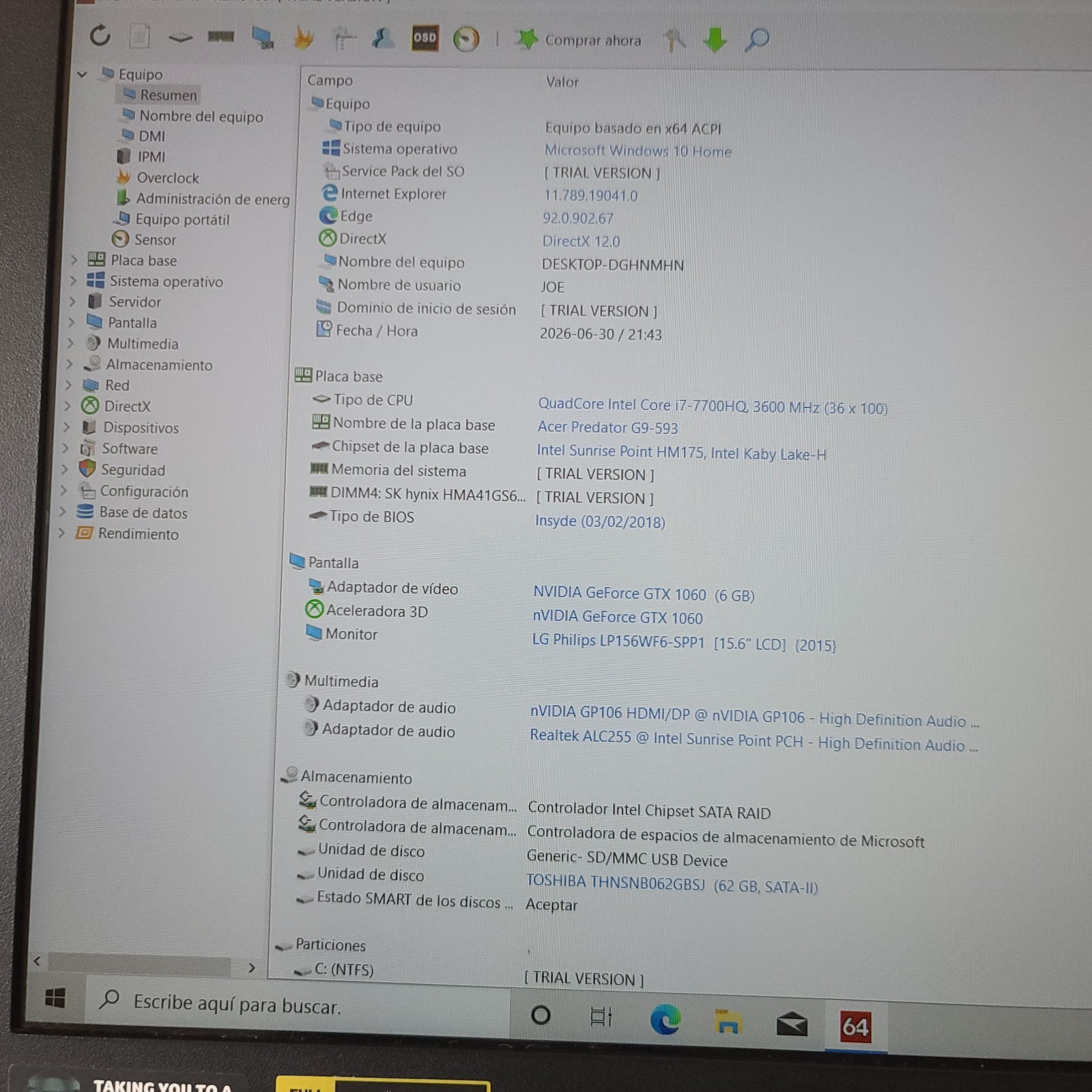 PREDATOR G9-593 GAMING LAPTOP CORE i7-7700HQ 8GB RAM GTX 1060
