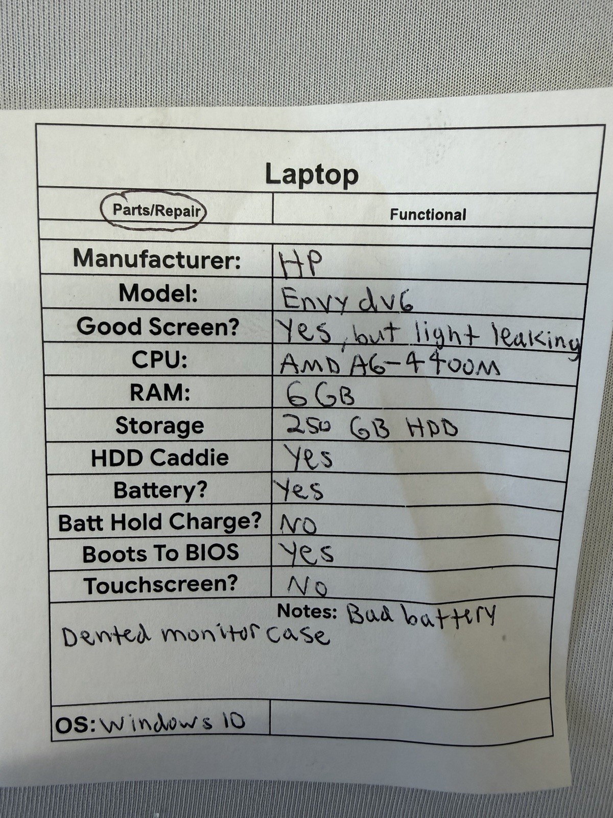 HP Envy dv6 Laptop – Screen Leaking Light – AMD A6-4400M – Read Des