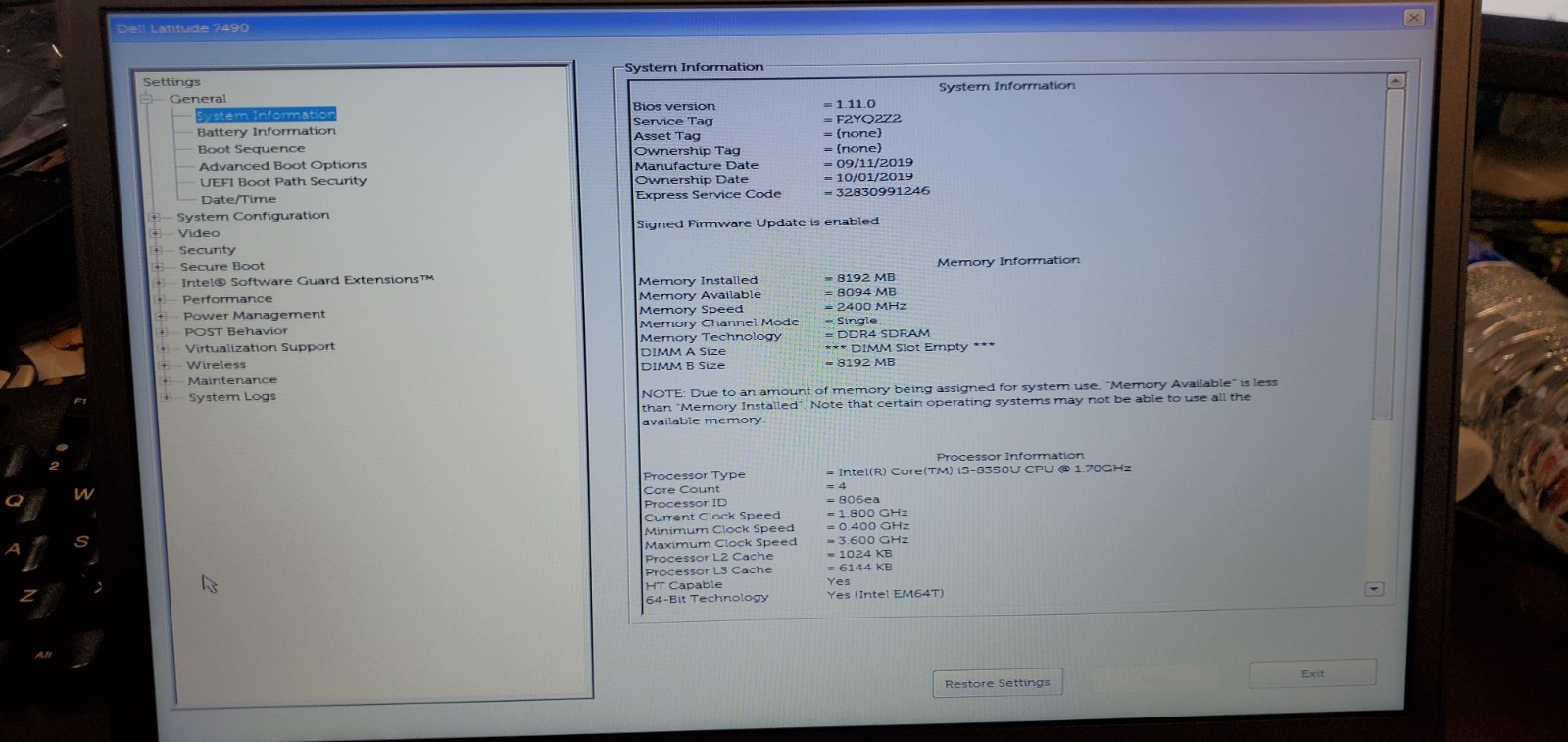 Dell Latitude 7490 Laptop Intel Core i5-8th Gen 8GB RAM BIOS Unlocked No SSD