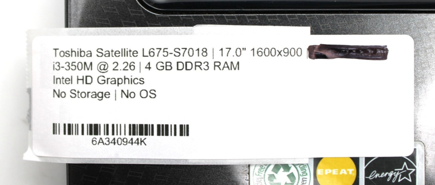 Toshiba Satellite L675 i3-350M@2.26GHz 4GB DDR3 NO STORAGE OR OS *USED/TESTED*