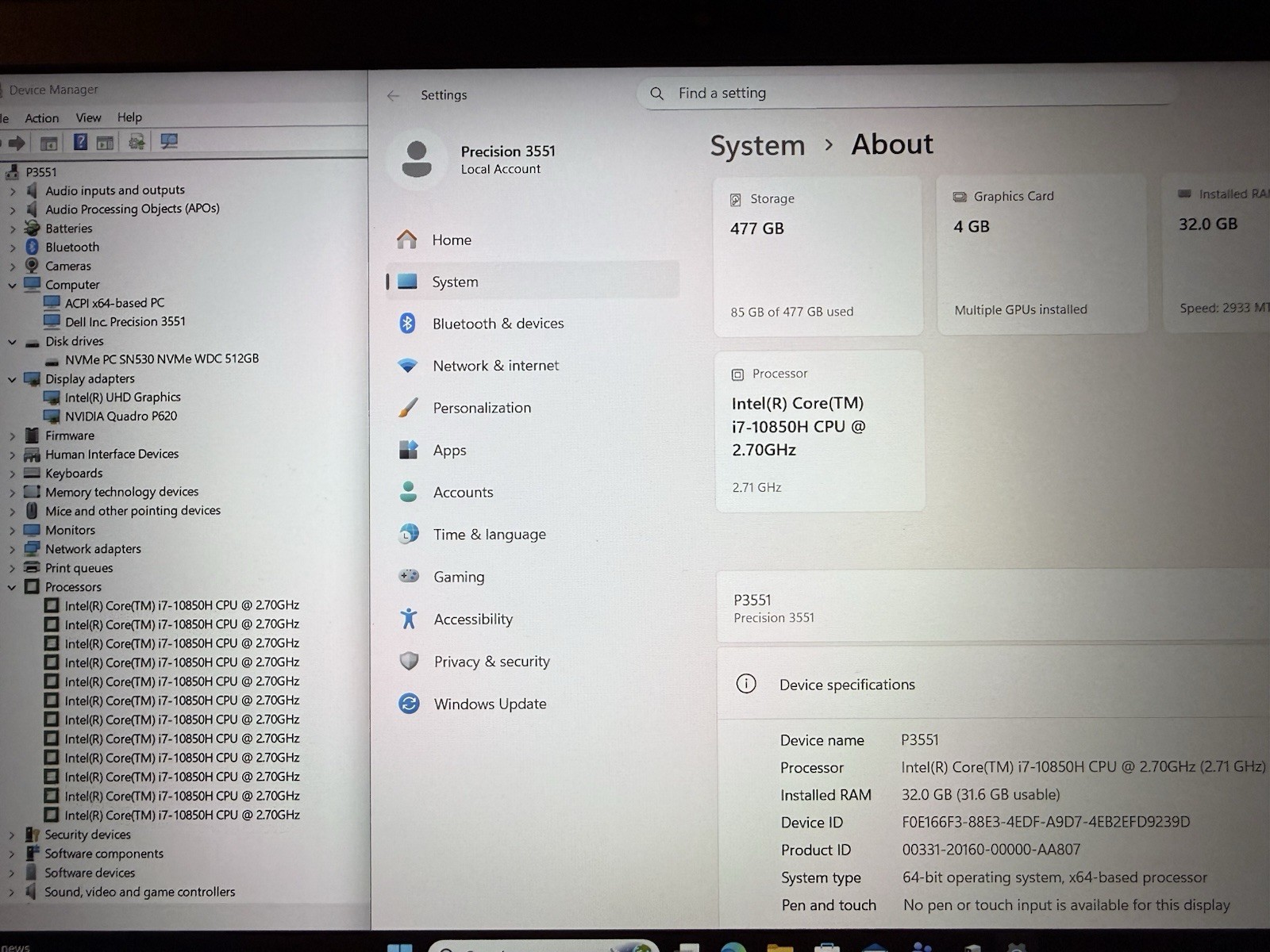 Dell Precision 3551 15.6″ i7-10850H 32GB RAM 512GB SSD 2.7GHz Win11Pro