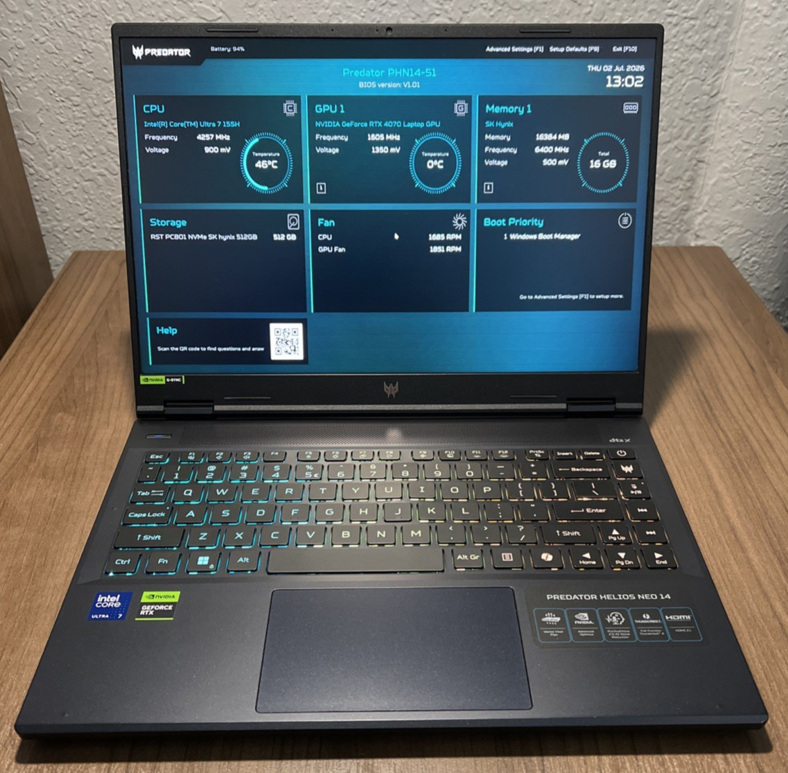 Acer Predator Helios Neo 14 QHD+ Ultra 7 155H 16GB RAM 512GB SSD RTX 4070(8GB)