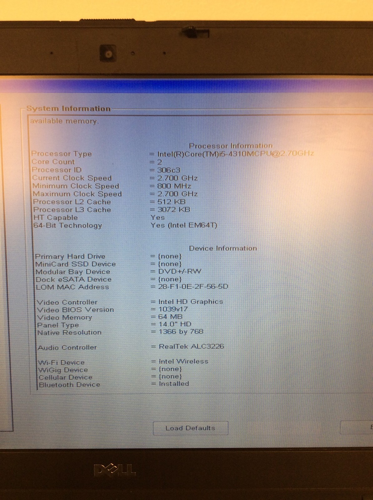 Dell latitude E6440 14″ Laptop i5-4310M 2.70Ghz w/ 8Gb DDR3,Dvd-Rw, No HD, READ