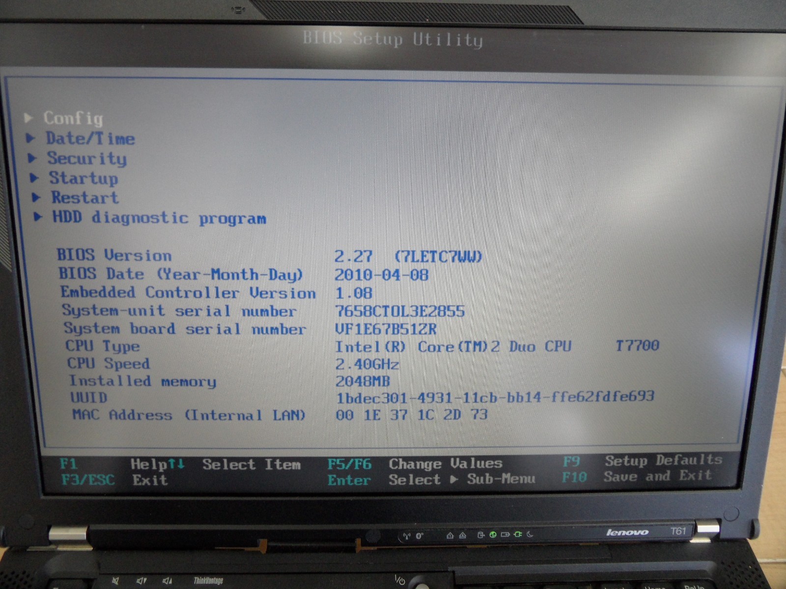 Lenovo Thinkpad T61 For Parts No Hard Drive Posts Bios Loud Fan