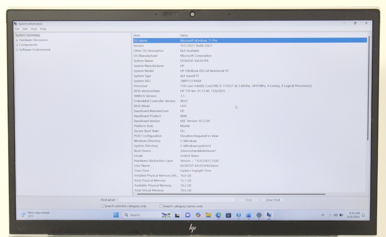 HP Elitebook 850 G8 15.6″ 2.4GHz i5-1135G7 256GB SSD 16GB RAM Win 11 ; 6181316