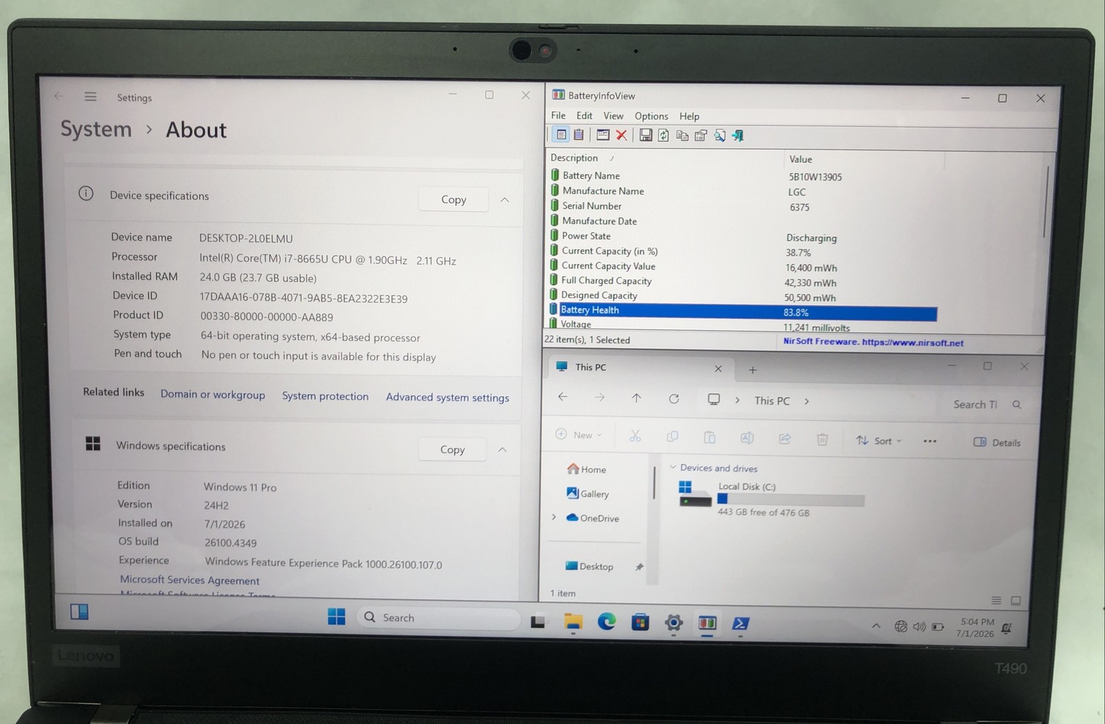 Lenovo Thinkpad T490, Intel Core i7-8665U, 24 GB RAM, 500 GB SSD Windows 11