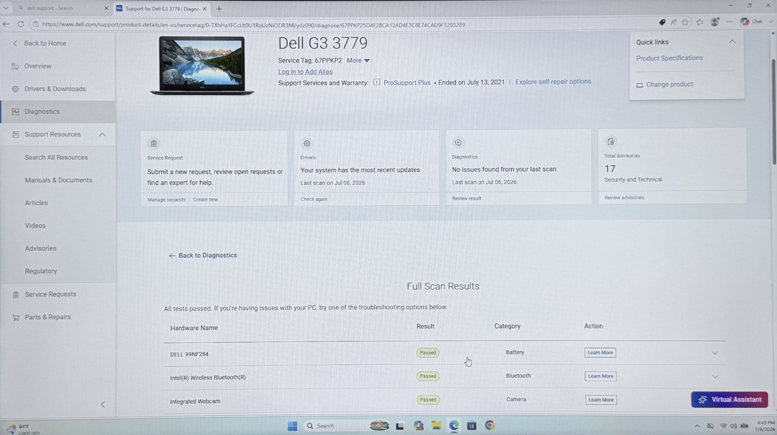 Dell G3 17 3779 FHD i5 8300H 2.30GHz 16Gb Ram 500 GB SSD GTX 1050 Win11 Pro
