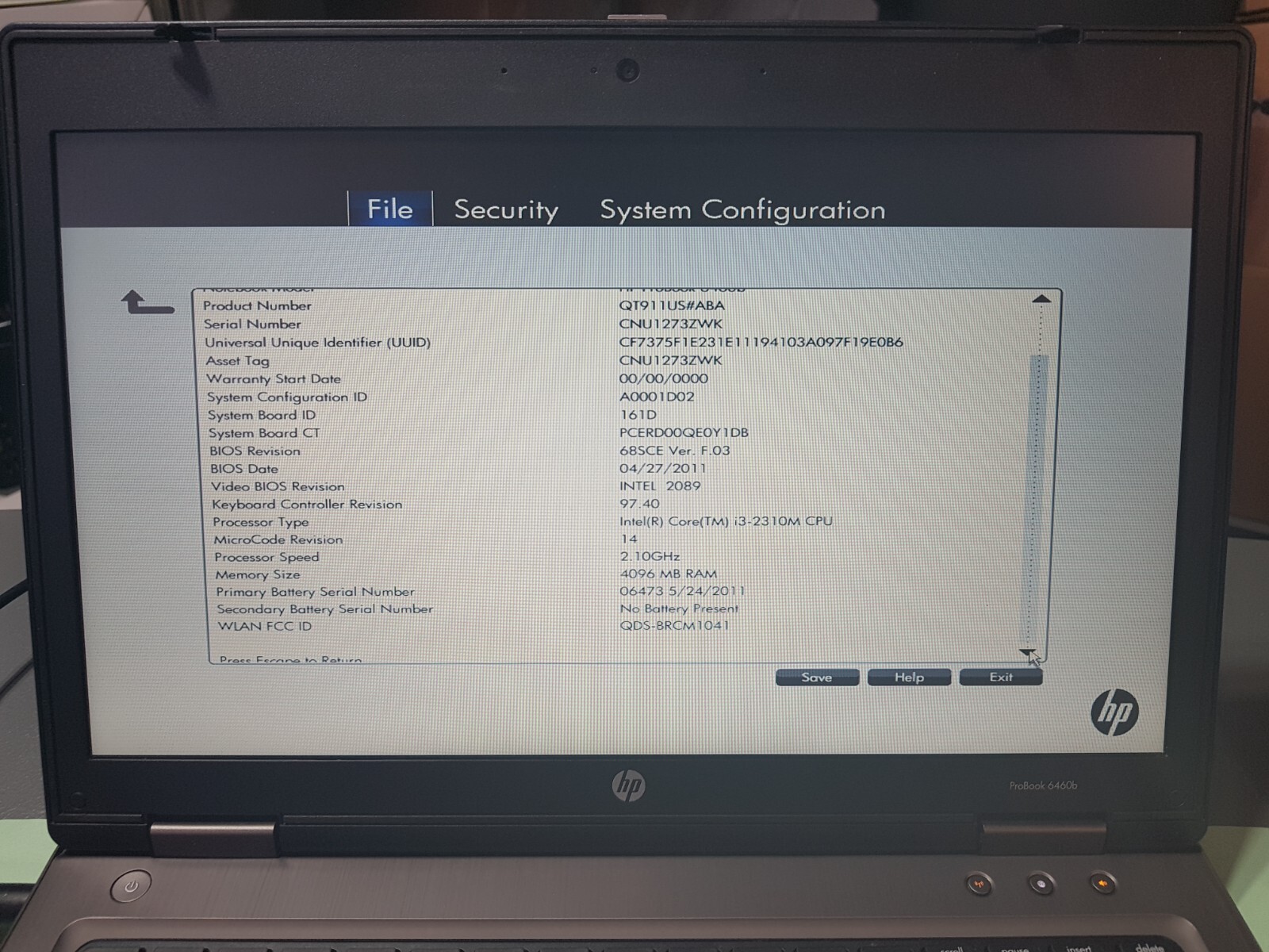Hp ProBook 6460b Intel i3 2310M /4GB laptop – Working- For Parts or Repair