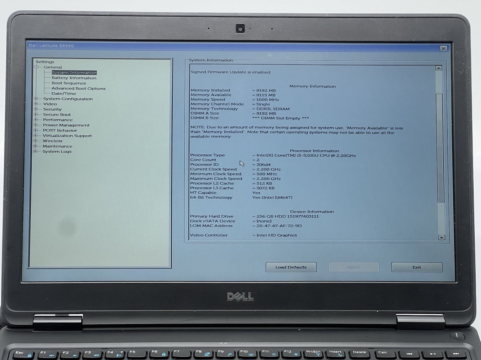 Dell Latitude E5550, i5-5200U CPU @ 2.20GHz, 8GB RAM, 256GB SSD-No OS/Charger