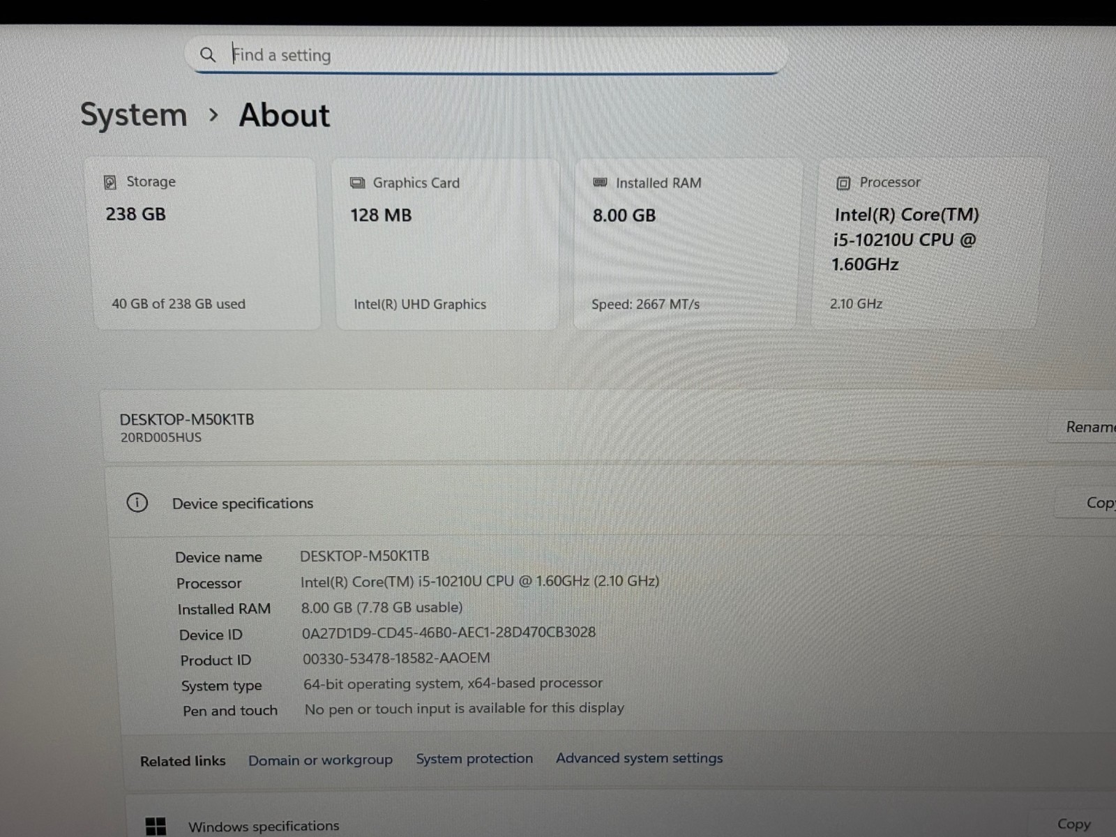 Lenovo ThinkPad E15 15.6″ Intel i5-10210U 8GB DDR4 256GB SSD Windows 11 Pro