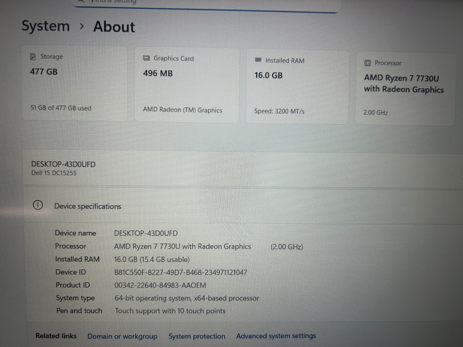 DELL 15 DC15255 G8MK9, AMD Ryzen 7 7730U, 2.00 GHz, 16 GB RAM 512 GB NVMe SSD