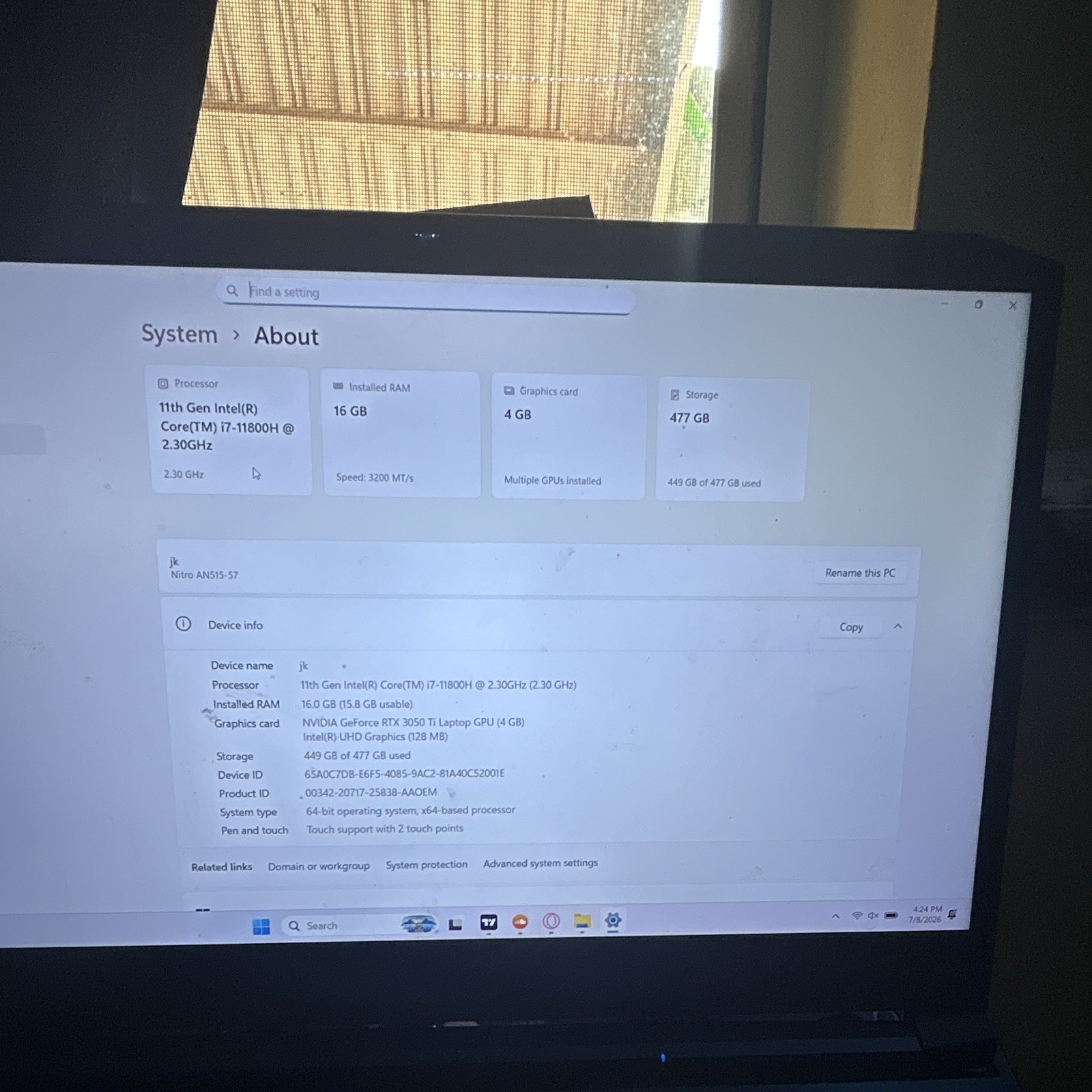 Acer Nitro 5 AN515-57 Gaming Laptop Intel I7-11800H RTX 3050 16GB RAM 512GB SSD