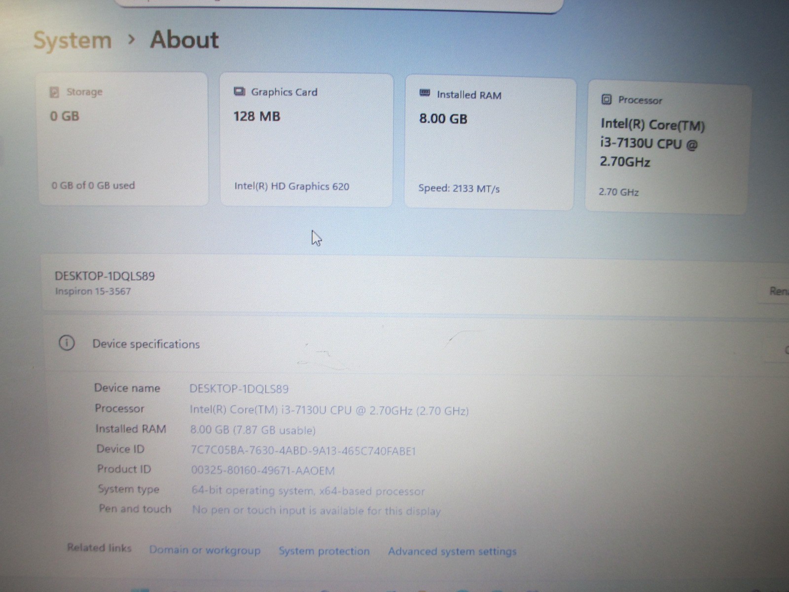 Dell Inspiron 15 3567 15.6″ i3-7130U 2.7GHz 8GB/250GB Webcam Laptop Windows 11