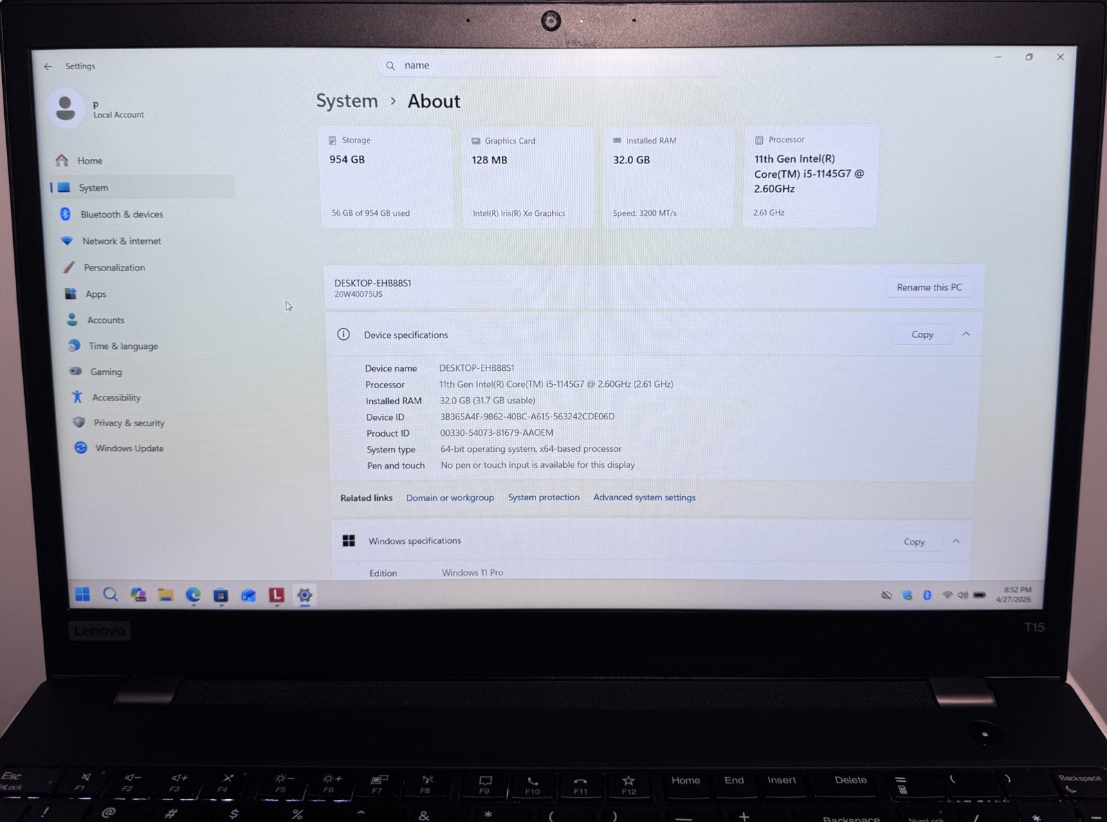 LENOVO ThinkPad T15 Gen2i i5 16.6″ 32GB RAM 1TB SSD WIN11P READ