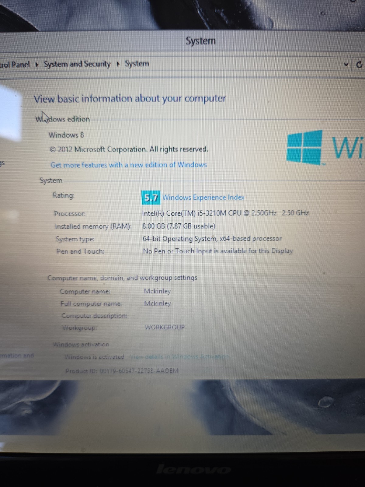 Lenovo G780 17.3″ Laptop Intel Core i5-3210M 8GB Ram Windows 8