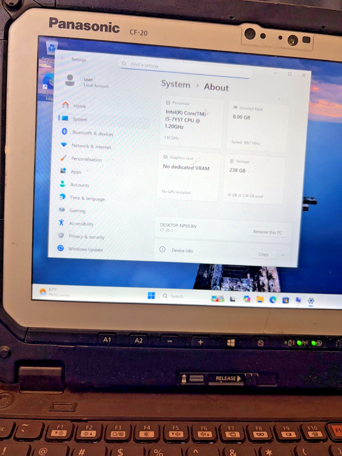 Panasonic Toughbook CF20 Core i5 7Y57 1.20GHz 8GB RAM 240GB SSD Win 11