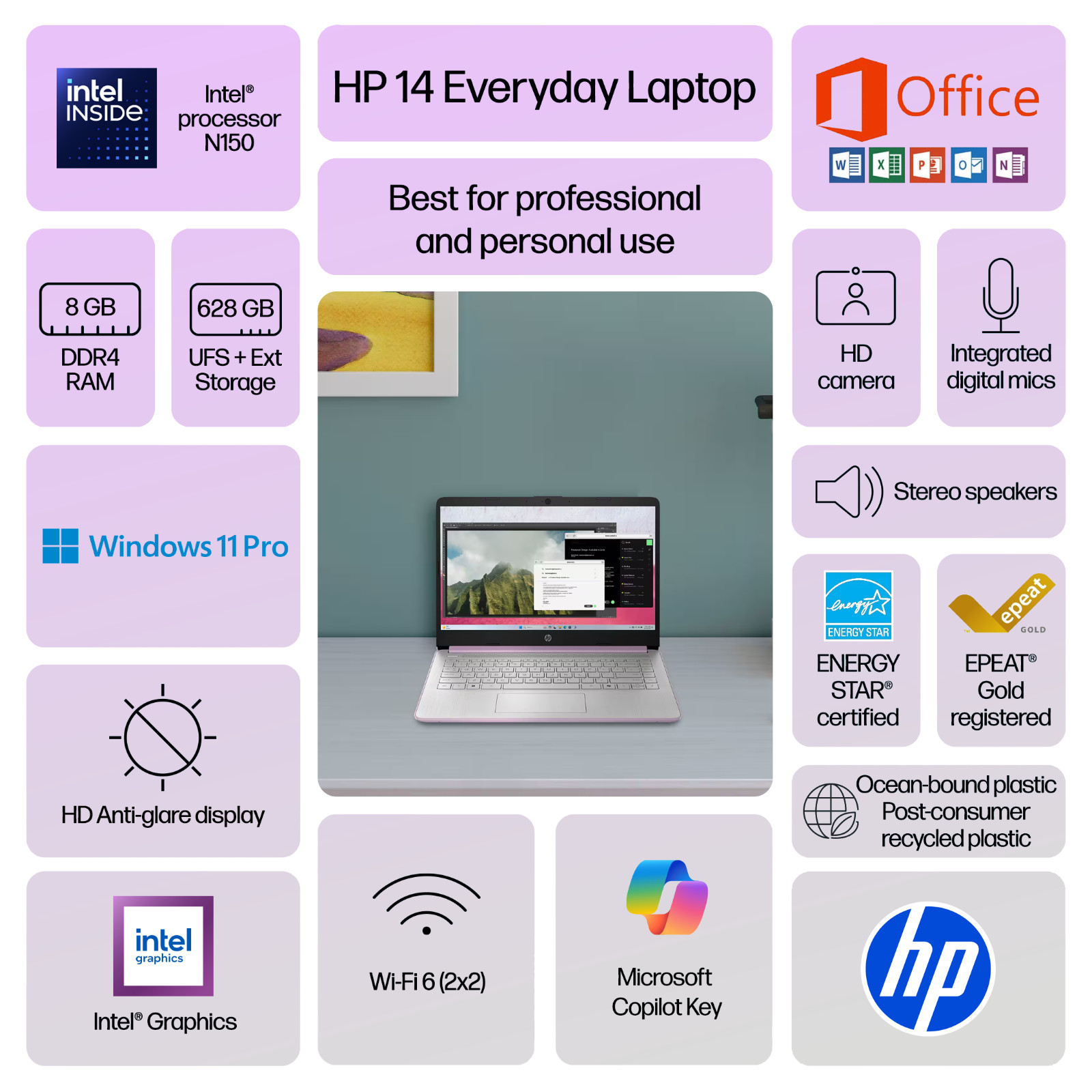 HP Laptop Computer 14″, Intel N150, 8GB RAM + 628GB Storage, Windows 11 Pro