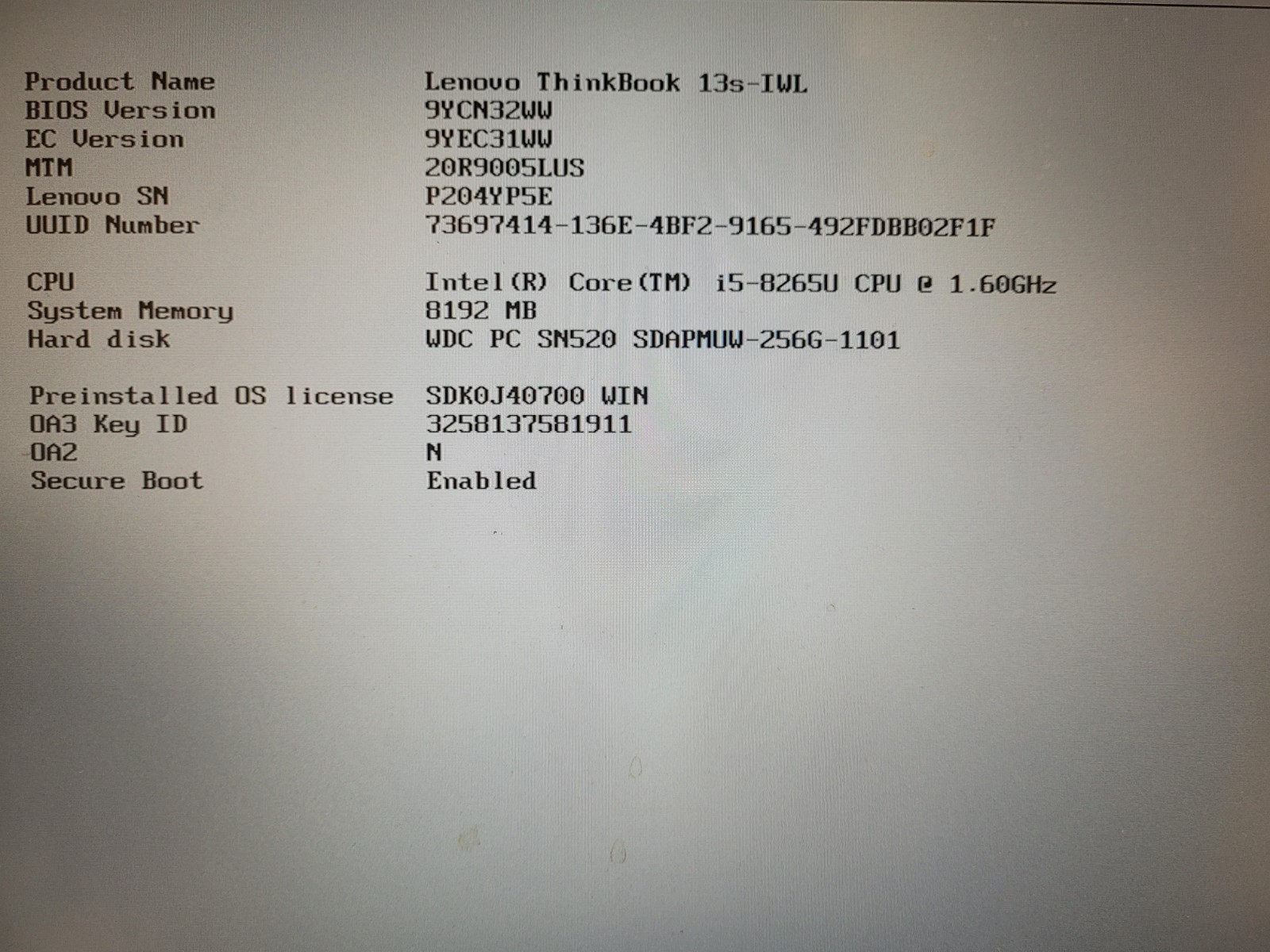 Lenovo Thinkbook 13s-IWL i5-8265u 1.6ghz 8gb ram 256gb ssd charger READ P204YP5
