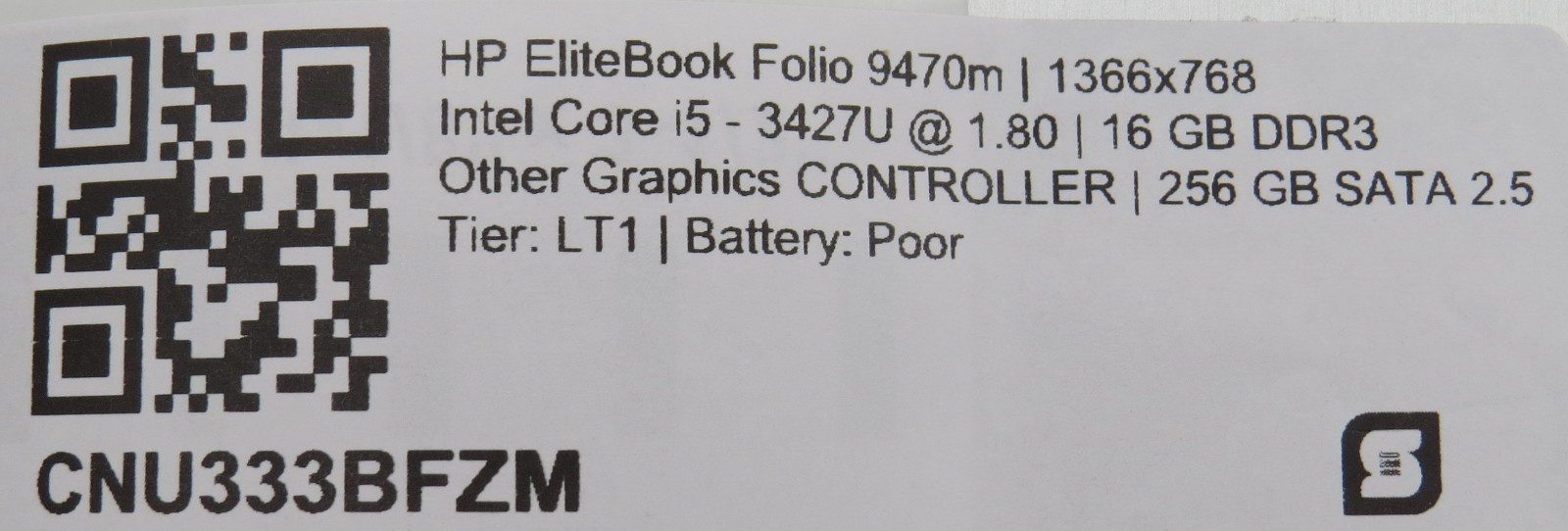 HP EliteBook 9470m i5-3427U @ 1.8GHz 16GB DDR3 256GB SSD 14″ No OS/AC