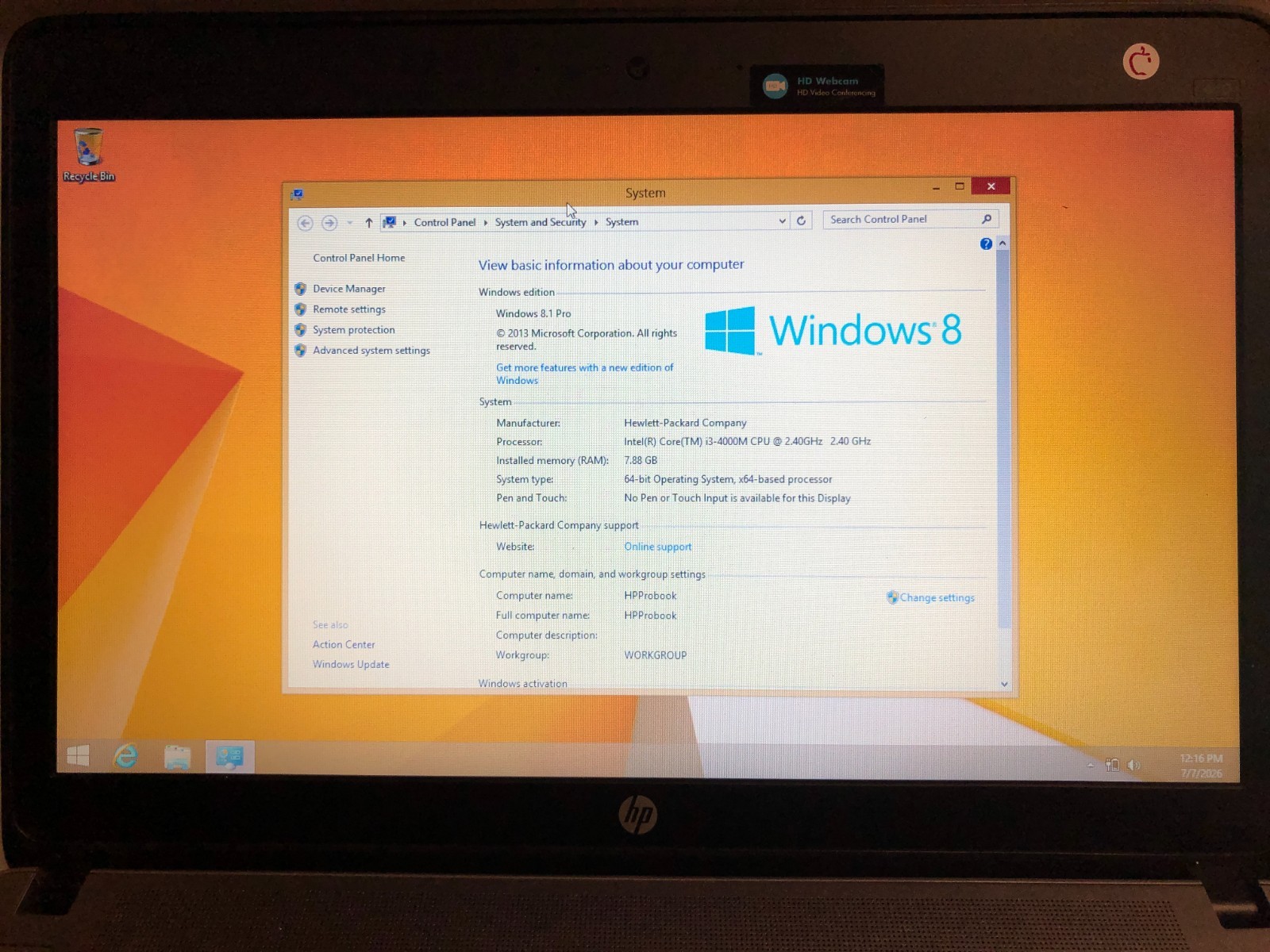 HP ProBook 440 G1 Laptop, Intel Core i3-4000M 2.4GHz