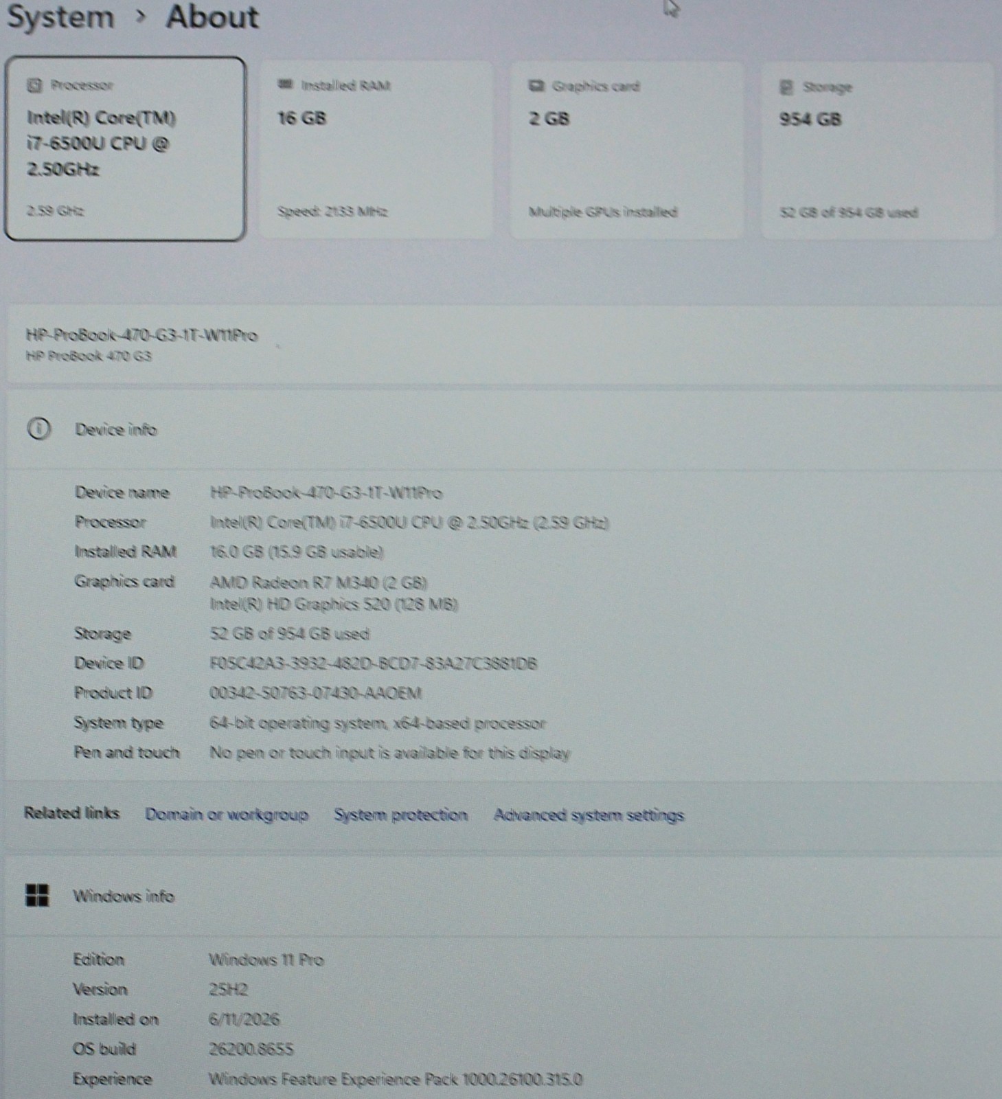 HP ProBook 470 G3 Laptop: i7-6500U@2.50GHz, 16 GB RAM, 1TB SSD, Win11Pro
