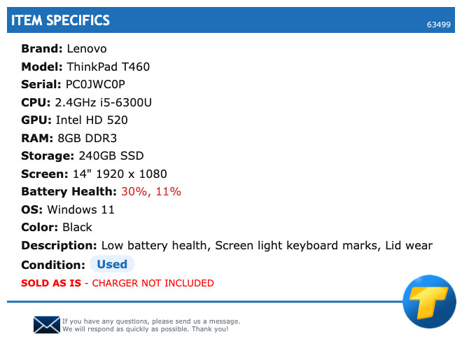 Lenovo ThinkPad T460 – 14″ FHD, 2.4GHz i5, 8GB RAM, 240GB SSD, Windows 11