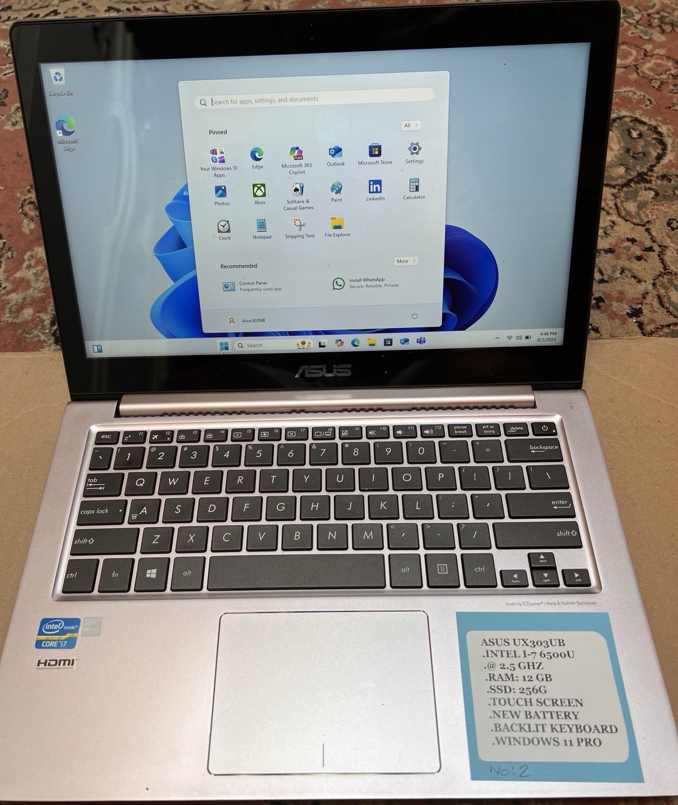 Asus Zenbook UX303UB, I7,12G Ram SSD250 G Nvidia Touch Screen Win 11 Pro No:2