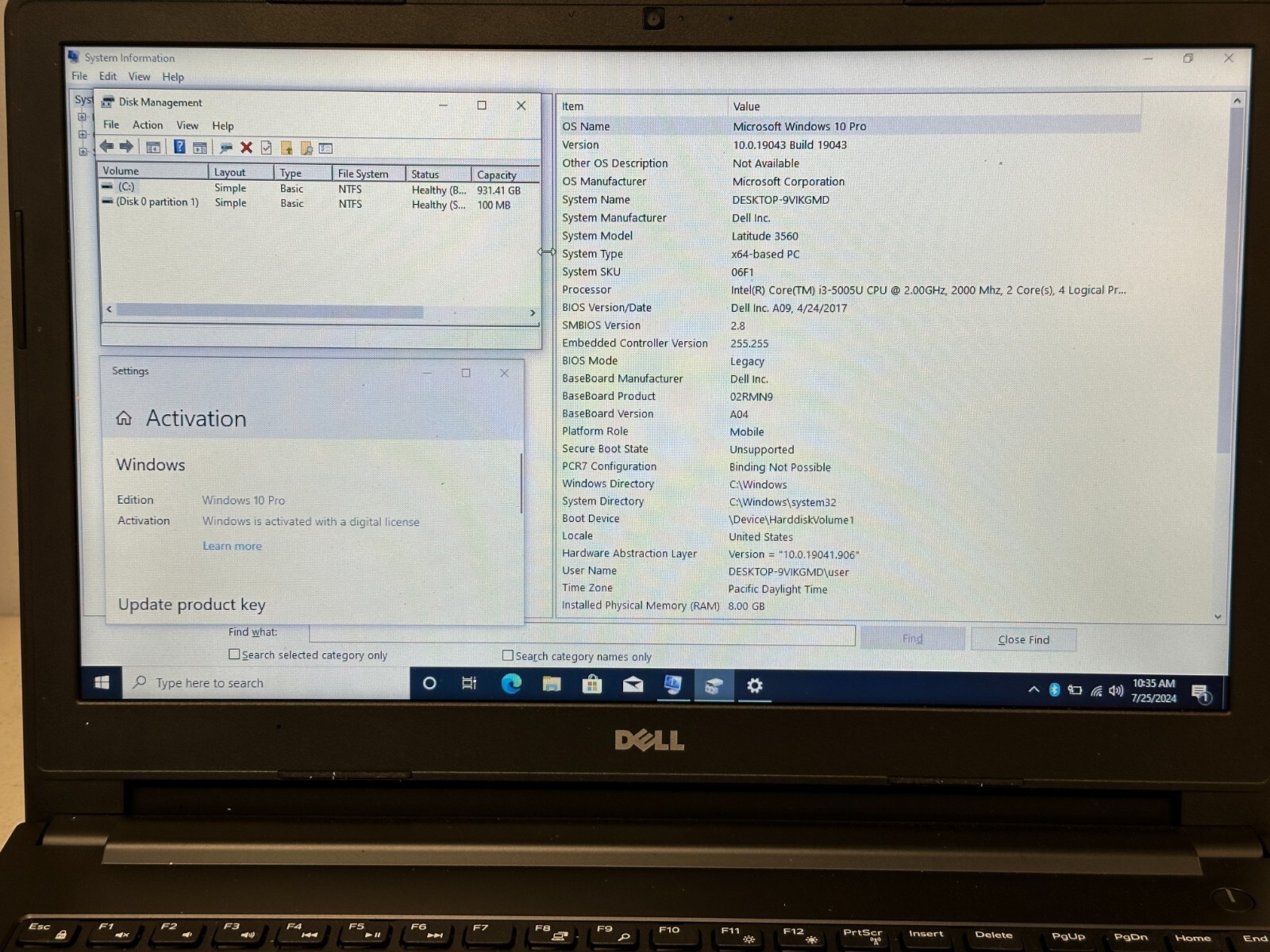 Dell Latitude 3560 i3 5005 8GB RAM 1TB HDD NO AC #04
