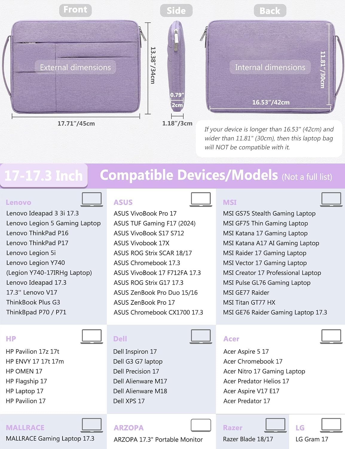 17-17.3 Inch Laptop Sleeve Bag Briefcase for 17″ 17.3″ Razer Blade 17/18, Lilac