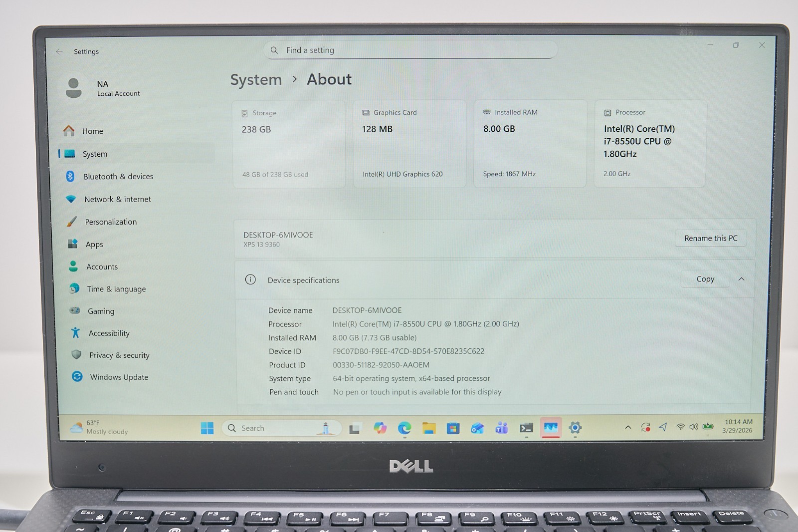 Dell XPS 13 9360 i7-8550U 8GB 256GB SSD 13
