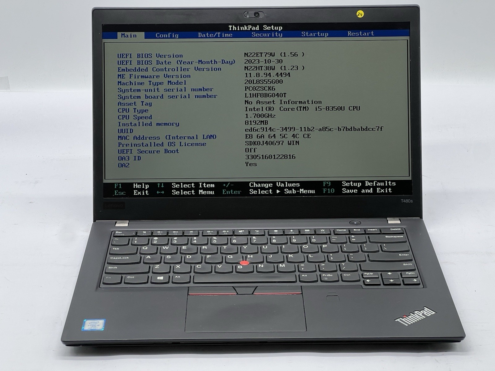 Lenovo ThinkPad T480s, i5-8350U CPU, @ 1.70GHz, 8GB RAM-No HDD/OS/Charger