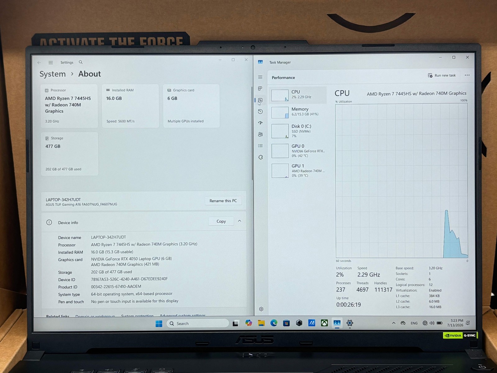 Asus TUF Gaming A16 16″ AMD Ryzen 7 7445HS RTX 4050 16GB DDR5 512GB Mecha Gray
