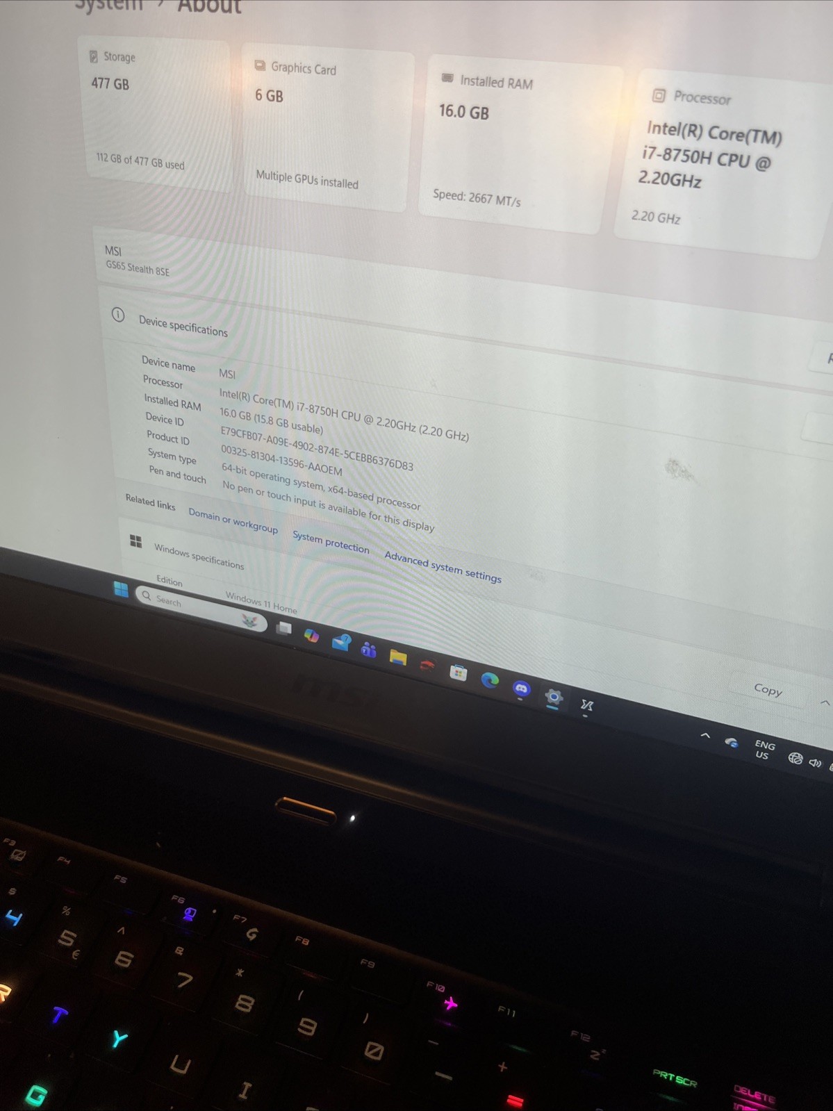 Gs65 Stealth Gaming laptop – Intel I7 8th Gen 2.20GHZ – 16gb Ssd 512 – RTX2060