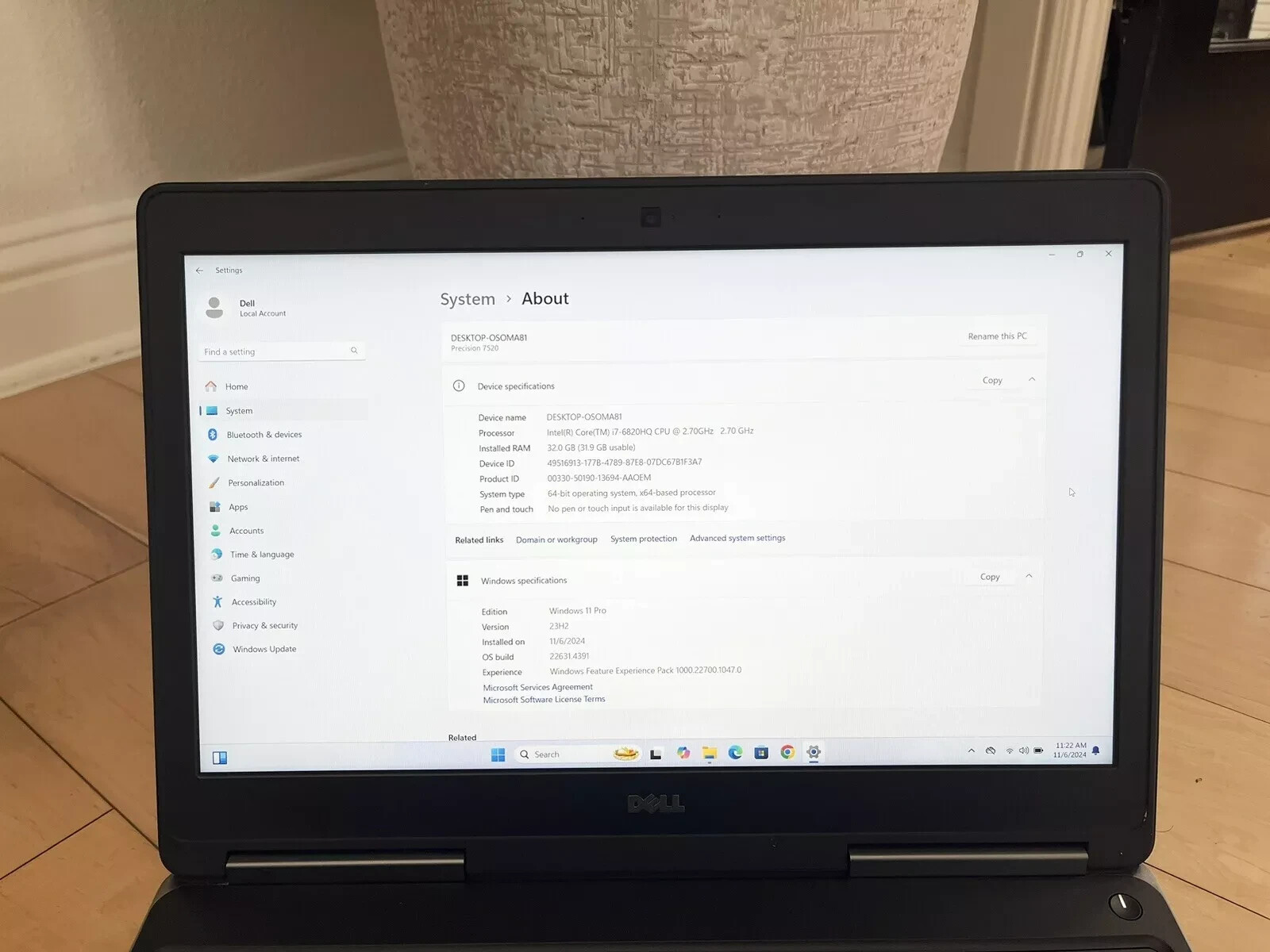 Dell Precision 7520 15.6″ i7-6820HQ @2.7GHz 32GB RAM 512GB SSD Win 11 Pro Laptop