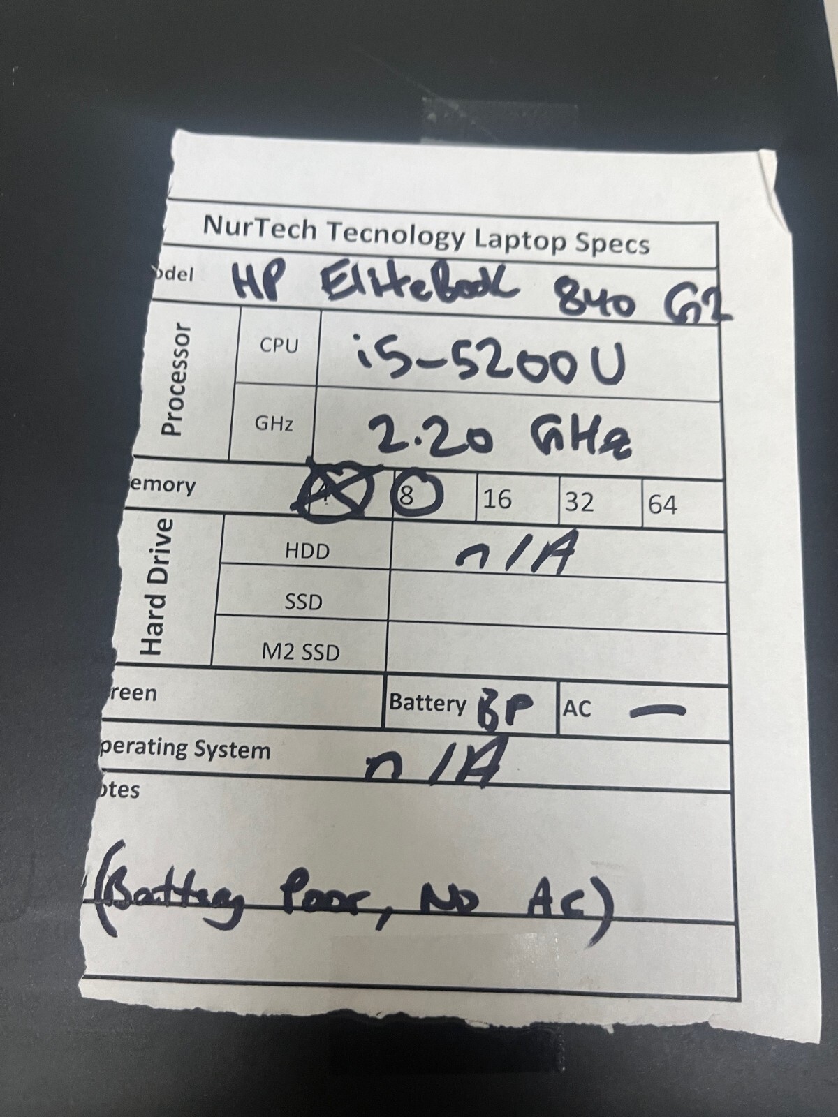 HP EliteBook 840 G2 14” i5-5200U 2.2GHz 8GB Laptop [No HD/OS/AC][POOR BTRY]