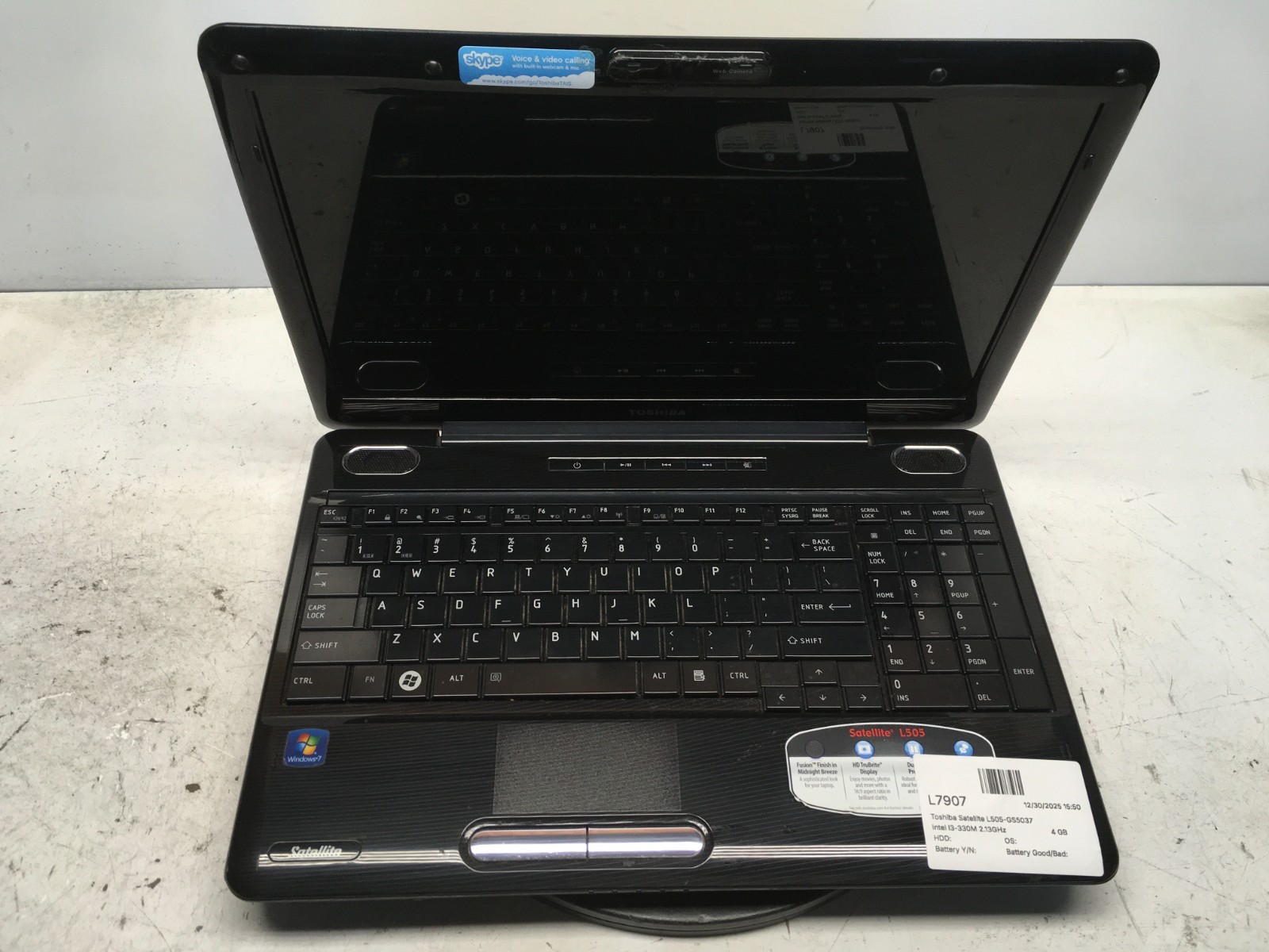 Toshiba Satellite L505-GS5037 Intel i3-330M 2.13GHz 4 GB NO HDD BIOS Locked