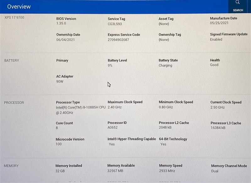 Dell XPS 17 9700 i9-10885H 2.40GHz RTX 2060 1TB 32GB Grade D