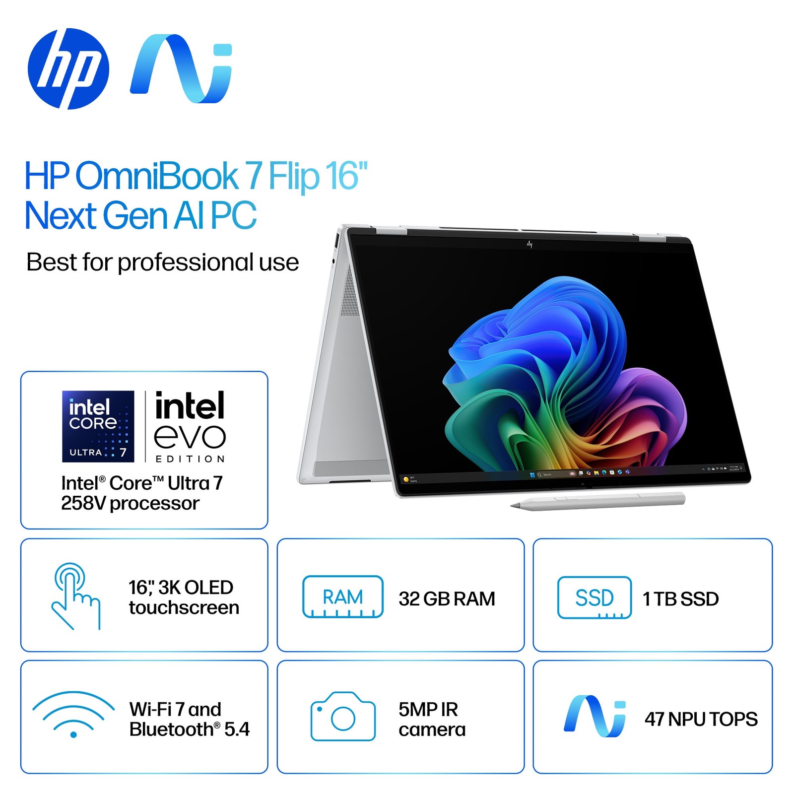 HP Laptop OmniBook 7 Flip 16″ 3K OLED Touch 2-in-1 AI 120Hz Ultra 7 Copilot+ PC