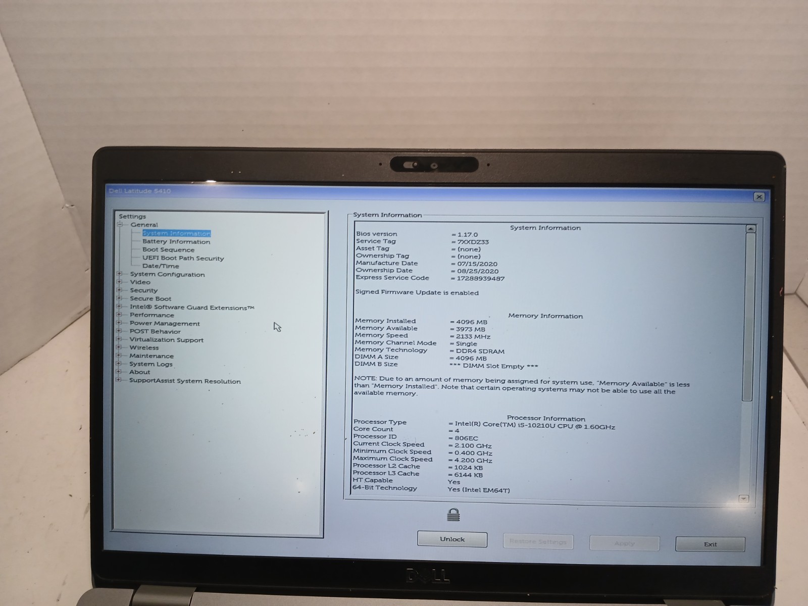 Dell Latitude 5410 14″ Laptop i5-10210U 4GB No SSD/OS! BIOS PW!! #97