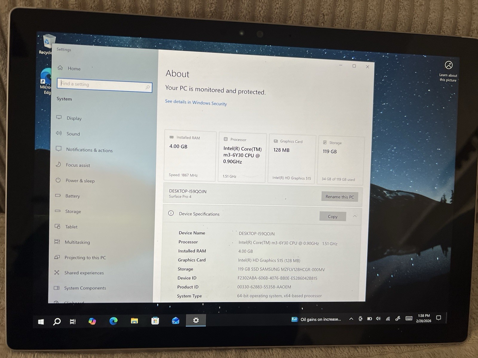Microsoft 1724 Surface Pro 4 Intel Core m3-6Y30 4GB RAM 128GB SSD