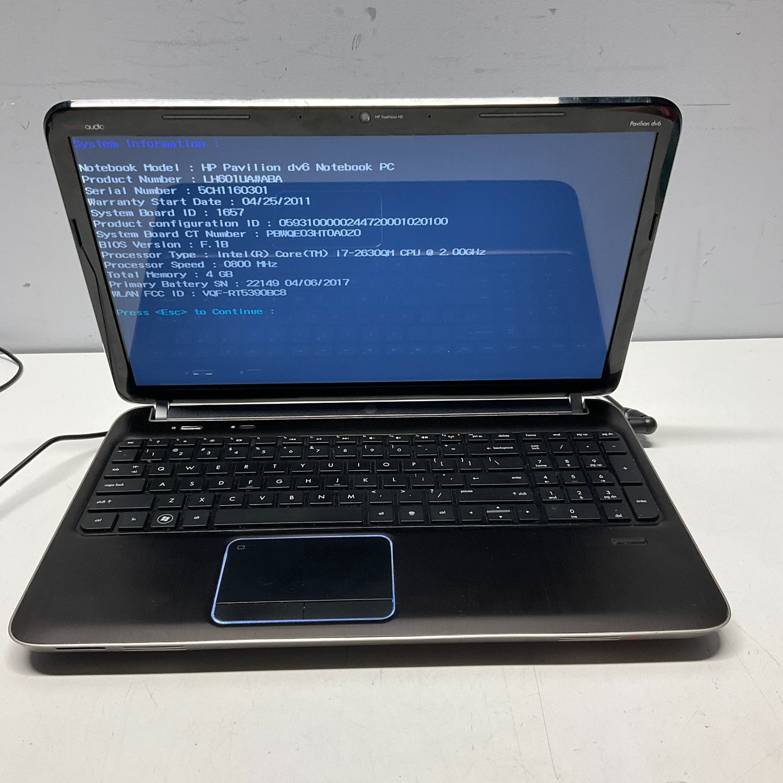 HP PAVILION DV6 Laptop Intel Core i7-2630QM @ 2.00 GHz 4GB NO HDD NO OS