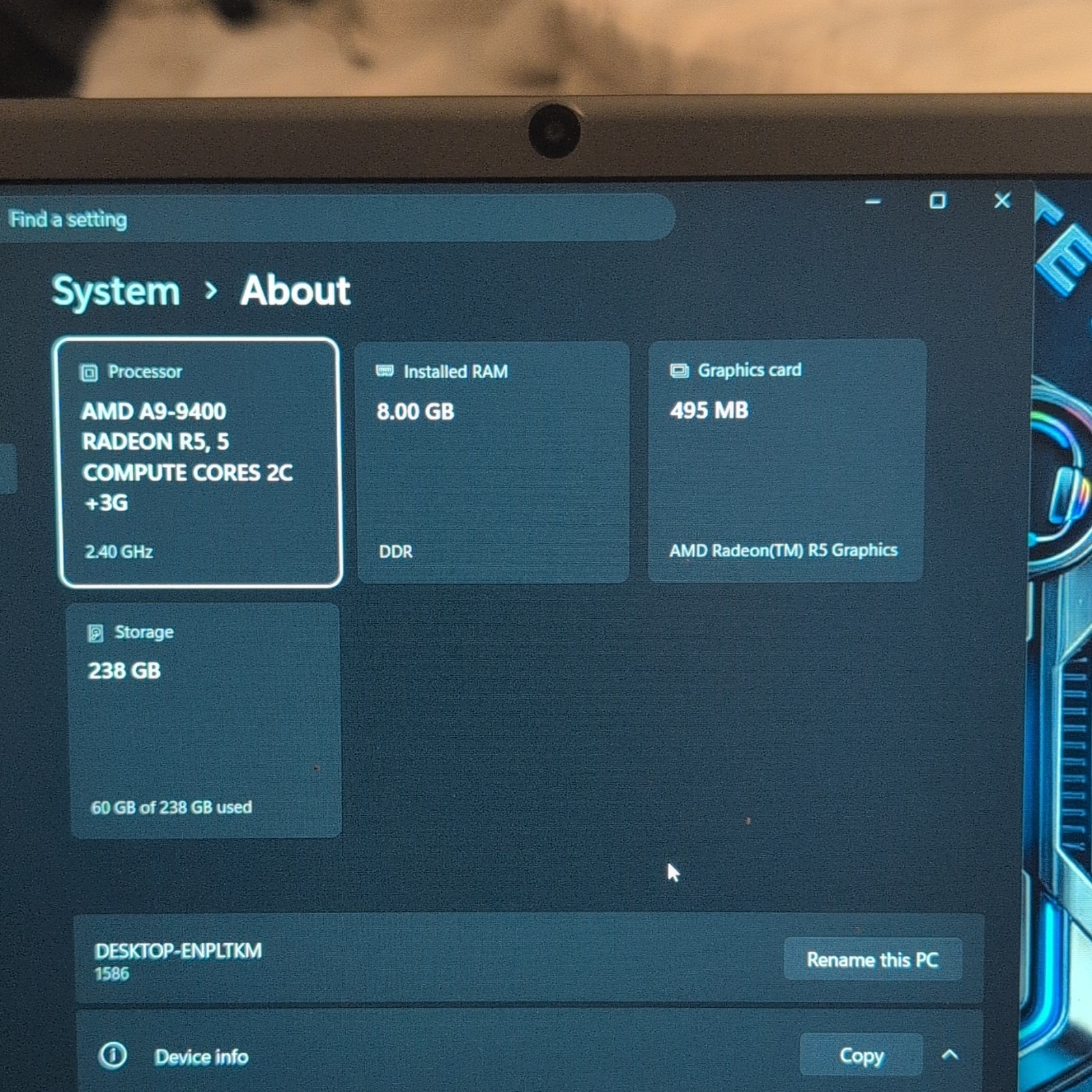 Exilapsire 16in FHD Laptop AMD A9-9400 8GB 256GB SSD Win 11 Pro Silver