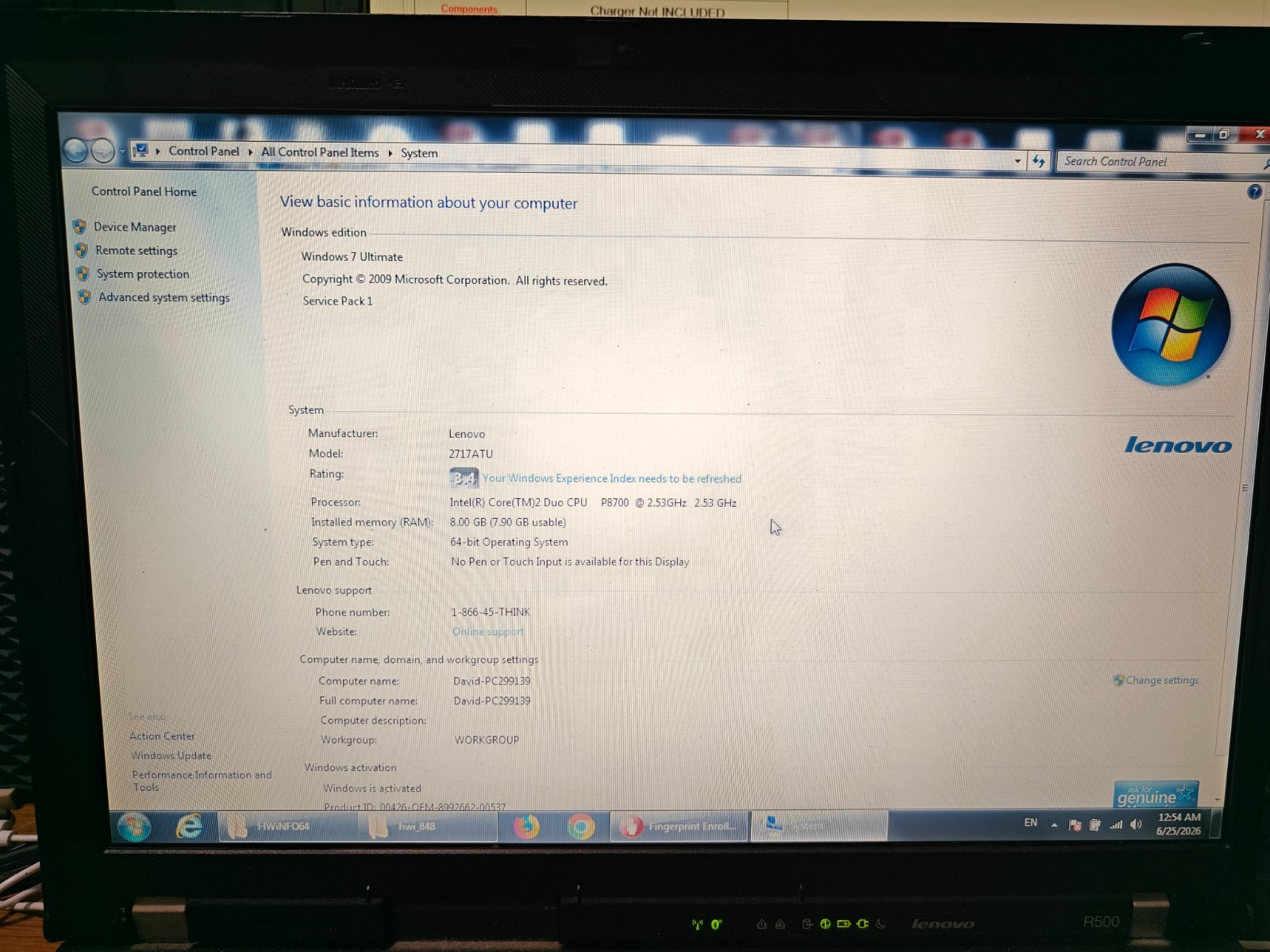 Lenovo R500 Widescreen Laptop Intel P8700 CPU, 8GB Ram, 250GB HDD