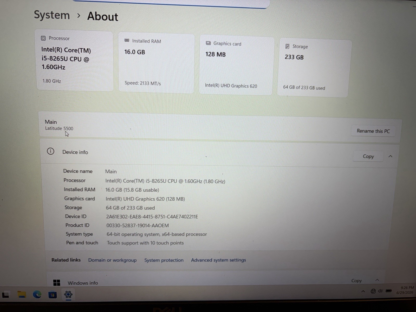 Dell Latitude 5500 Laptop Notebook 16GB Ram 250GB SSD Win 11 Pro w/Dell adapter