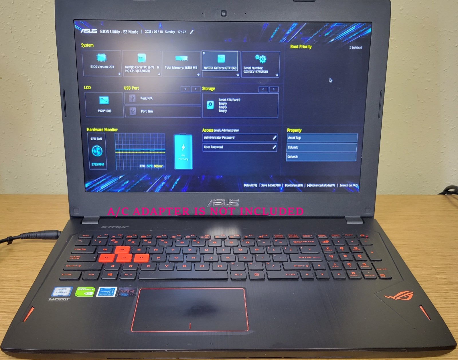 Asus Strix Gaming Laptop GL502VMK i7-7700HQ 2.80GHz 16GB Gtx 1060 No OS/SSD